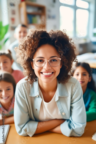 Woman with glasses smiling in front of group of children.