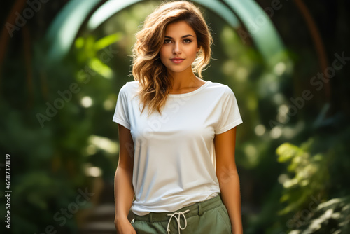Woman in white shirt and green pants posing for picture. photo