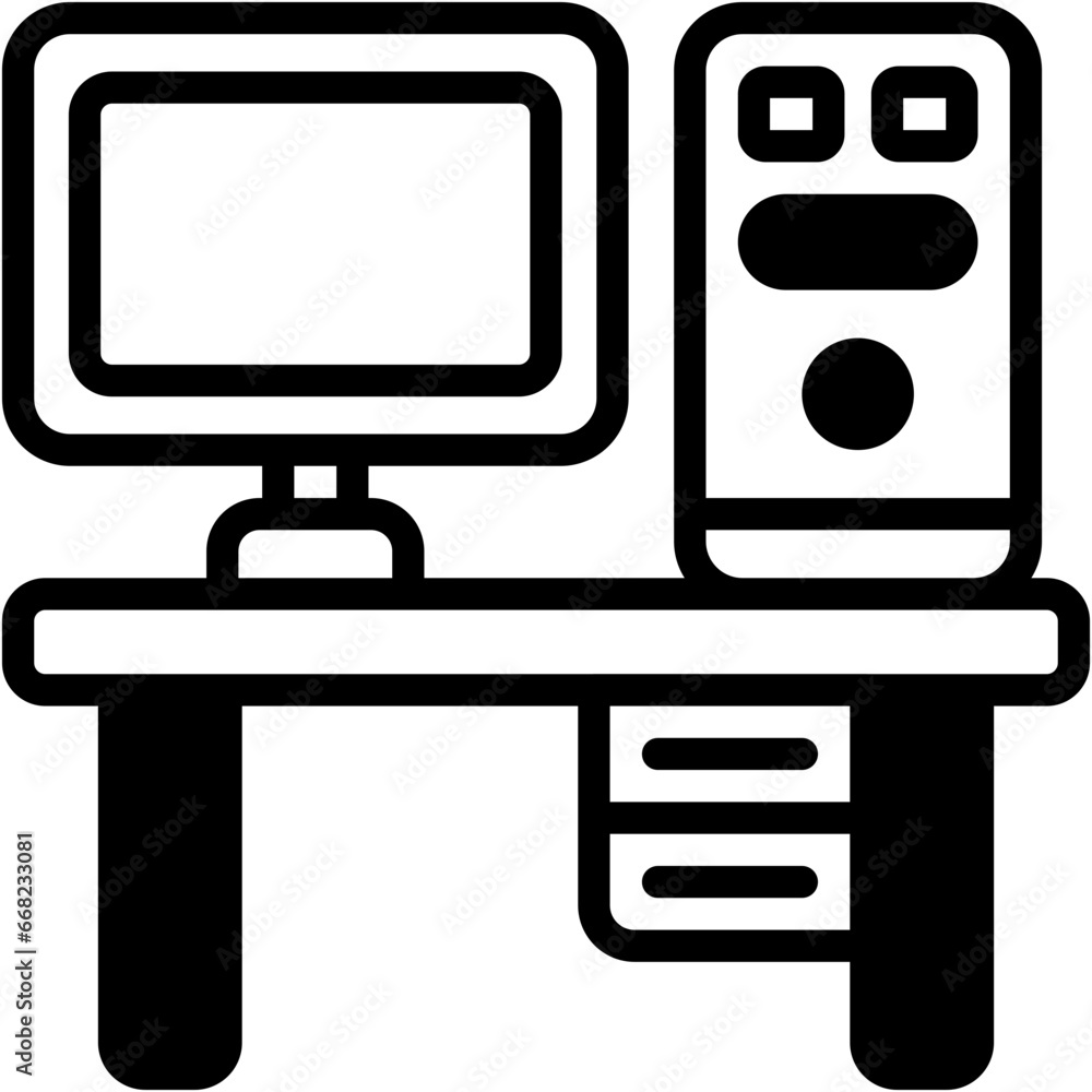 Vector Icon Computer Table, Pc, CPU, Screen, Table, Work Table Vector Icon Computer Table, Pc, CPU, Screen, Table, Work Table