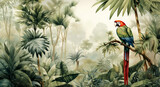 Beautiful watercolor macaw in green jungle with lush palm trees wallpaper mural.  palm trees in an tropical forest, wild tropical plants