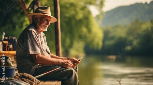 Old man sitting alone fishing beside the lake, old man and society,