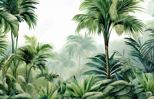 Beautiful watercolor green jungle with lush tropical palms wallpaper mural. palm leaves, palm trees in an exotic tropical forest, wild tropical plants 