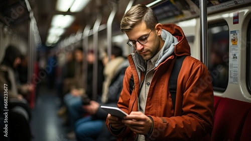 Person Enjoying a Good Book During Subway Train Ride, Travel and Leisure Concept