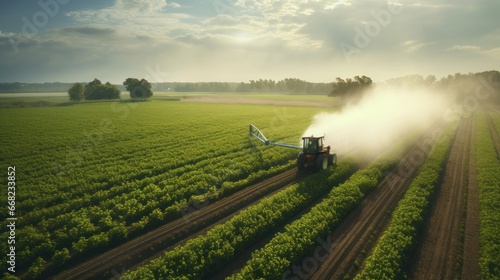Drone view, tractor working spraying medicine on a wide field, tractor and agriculture