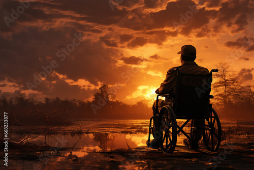 Silhouette of a disabled person on a wheelchair sunset background. International Day of Persons with Disabilities or Disabled sports.
