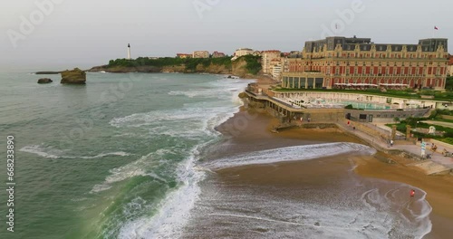 Aerial view of the beach and beachfront of the seaside town of Biarritz, France photo