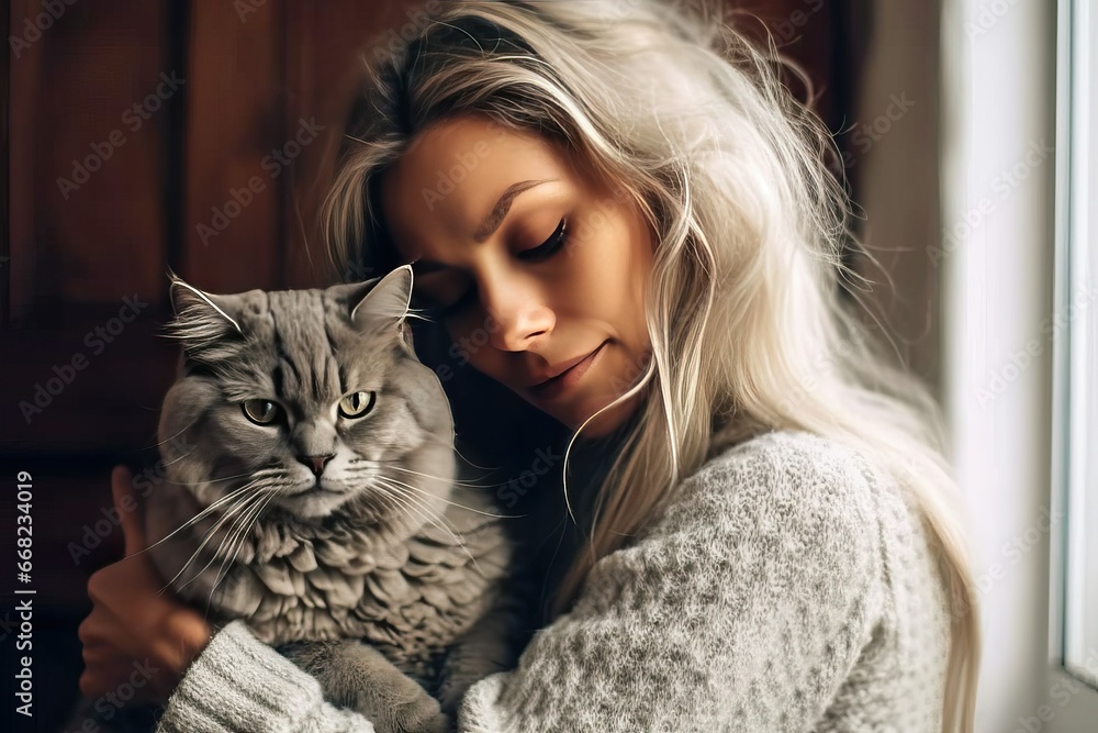 Woman Petting Her Beloved Cat, Expressing Affection and Companionship, Gentle and Heartwarming
