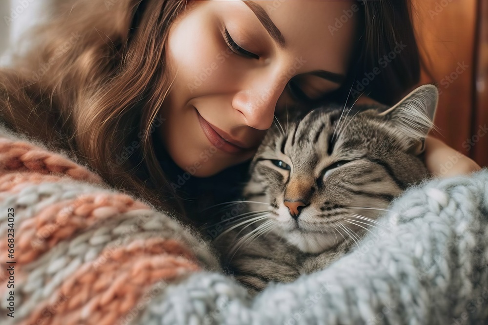 Woman Petting Her Beloved Cat, Expressing Affection and Companionship, Gentle and Heartwarming Woman Petting Her Beloved Cat, Expressing Affection and Companionship, Gentle and Heartwarming