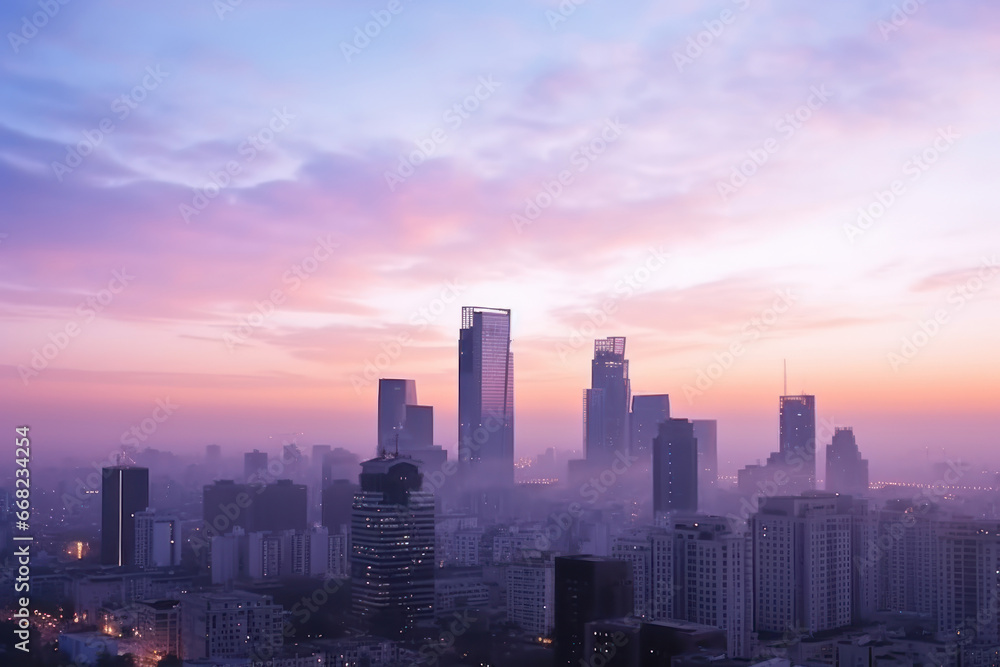 innovative architecture, beautiful urban landscape of modern city at sunrise with expressive sky and morning fog