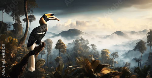 A hornbill sits on a branch in the rainforest Background image of a rare and mysterious wild animal