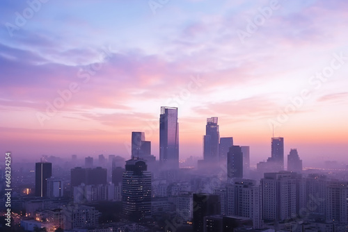 innovative architecture, beautiful urban landscape of modern city at sunrise with expressive sky and morning fog © Jam