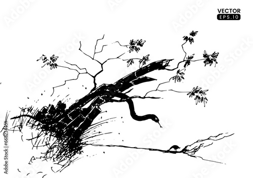 landscape handdrawn illustration snake on tree. handdrawn ink sketch illustration. vector black and white outline