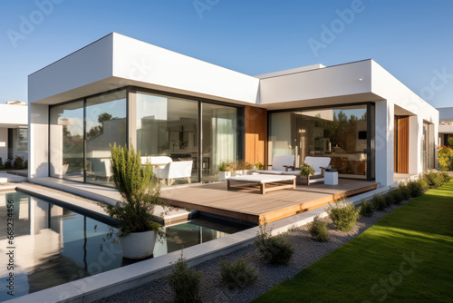 minimalist architectural solution of a modern house with a pool, a terrace and a lawn © Jam
