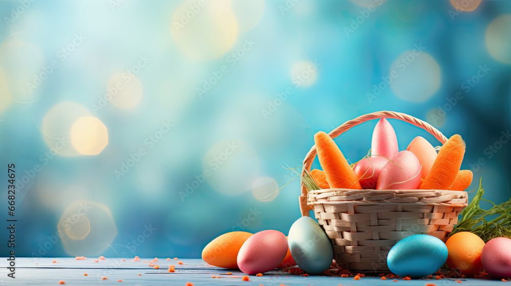 basket with colorful easter eggs and carrot - obrazy, fototapety, plakaty 