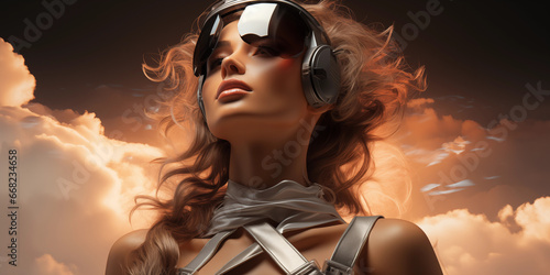 Super sexy Model Frau und Cyberspace Brille mit futuristischen Hintergrund über den Wolken mit fliegenden Haar, ai generativ