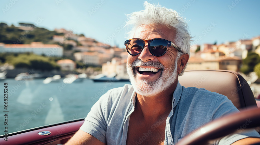 Homem sênior feliz aproveitando a viagem de verão na Itália, aventura luxuosa em cabrio, riqueza e estilo de vida de liberdade Homem sênior feliz aproveitando a viagem de verão na Itália, aventura luxuosa em cabrio, riqueza e estilo de vida de liberdade