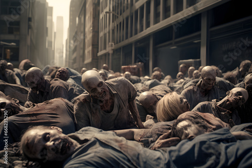 Zombie horde sleeping on a city street at day time. Not based on any actual person, scene or pattern.
