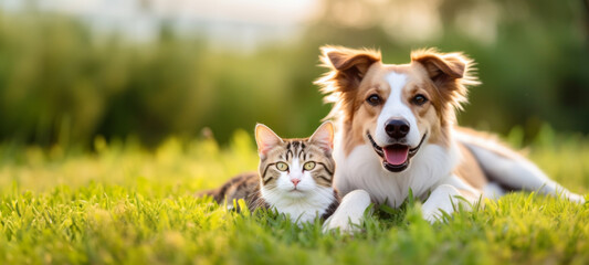 Cute dog and cat lying together on a green grass field nature in a spring sunny background