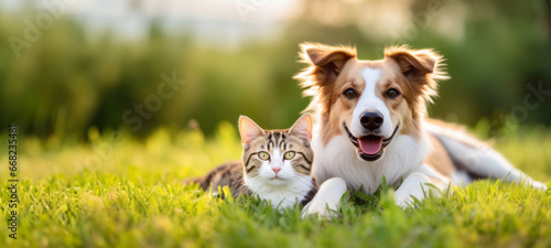 Cute dog and cat lying together on a green grass field nature in a spring sunny background © chiew