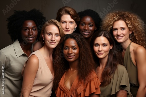 Group portrait of cheerful young diverse multiethnic women and men. Beautiful friends smiling at camera while posing together. Diversity, beauty, friendship concept. Isolated over grey background.