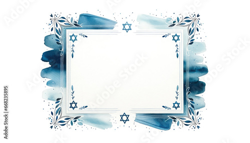 Watercolour frame illustration with Traditional Jewish holiday Hanukkah symbols. Copy space in middle