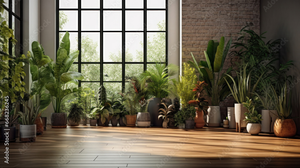 Contemporary loft with plants on wooden floor. Contemporary loft with plants on wooden floor.