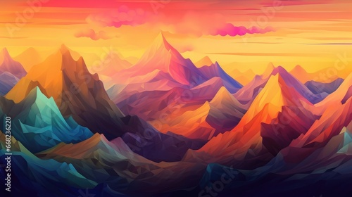 Beautiful mountain landscape at sunrise. Stunning foggy landscape of mountains and forest silhouettes. Wonderful landscape for printing. Vector illustration