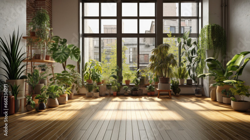 Contemporary loft with plants on wooden floor.