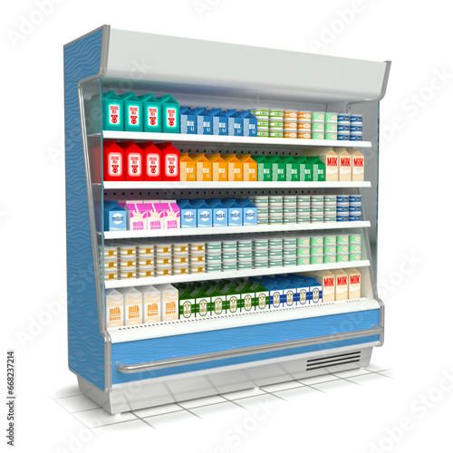 Refrigerated showcase with dairy products. 3d illustration
