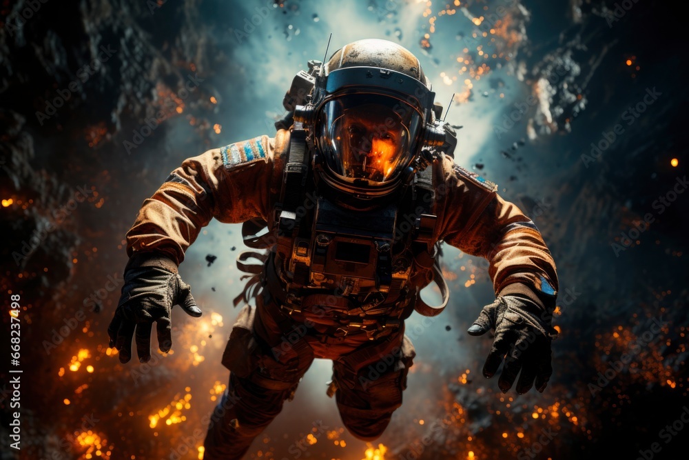 With nothing but the eerie silence of the universe as company, an astronaut floats amidst asteroid debris, marking a bold narrative of human travel in space. With nothing but the eerie silence of the universe as company, an astronaut floats amidst asteroid debris, marking a bold narrative of human travel in space.
