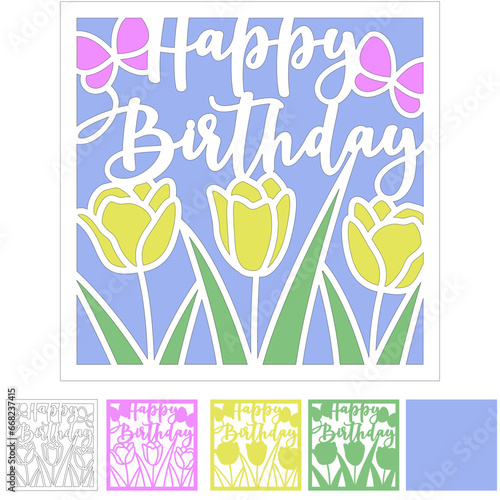 Happy birthday card 3d layered papercut, Birthday gift laser cut, Happy birthday sign with tulip and butterfly