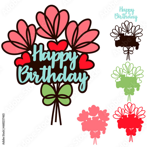 Happy birthday bouquet, 3d layered papercut cake topper, Birthday decoration laser cut