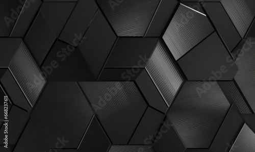 3D illustration. Geometric seamless 3D pattern in black matte and black glossy material elements. Hexagon geometric tiles  Generative AI