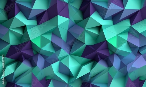 3D Wallpaper origami mosaic of colored particles violet, blue and green tones, Generative AI