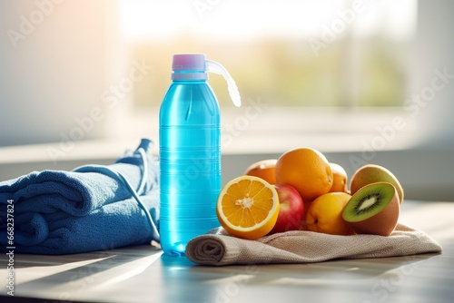 Sunlit Still Life of a Blue Sports Drink With Fresh Fruits and Workout Gear photo