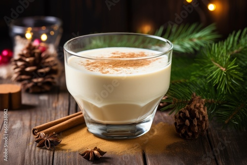 A Festive Holiday Scene Featuring a Delicious Glass of Traditional Eggnog on a Vintage Wooden Table