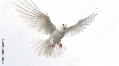 White dove or pigeon with outstretched wings on white background