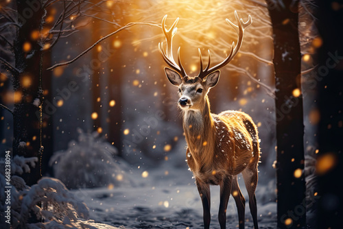 deer in the woods with lots of lights in the forest