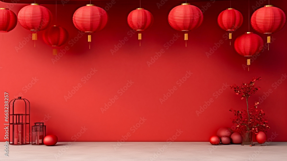 A backdrop of a traditional Chinese courtyard decorated with lanterns and red banners, copy space. A backdrop of a traditional Chinese courtyard decorated with lanterns and red banners, copy space.