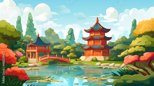 Illustration of a colorful garden with ornate Chinese pavilions, pagodas, and koi fish ponds, copy space.