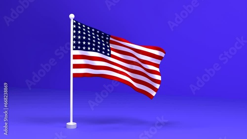 An American flag flutters against a purple  background from a stream of vert. Beautiful American flag on a white flagpole.