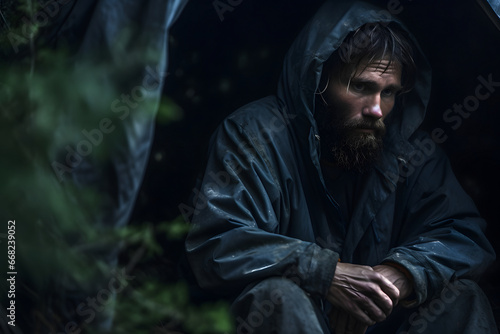 sad Caucasian young adult man sitting under cover of tent at rainy summer evening. Neural network generated image. Not based on any actual person or scene.