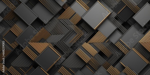 3d illustration. Seamless geometric wallpaper made of metallic black and gold rectangles randomly arranged on a gray background. High quality seamless realistic texture, Generative AI photo