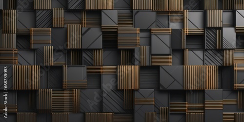 3d illustration. Seamless geometric wallpaper made of metallic black and gold rectangles randomly arranged on a gray background. High quality seamless realistic texture, Generative AI