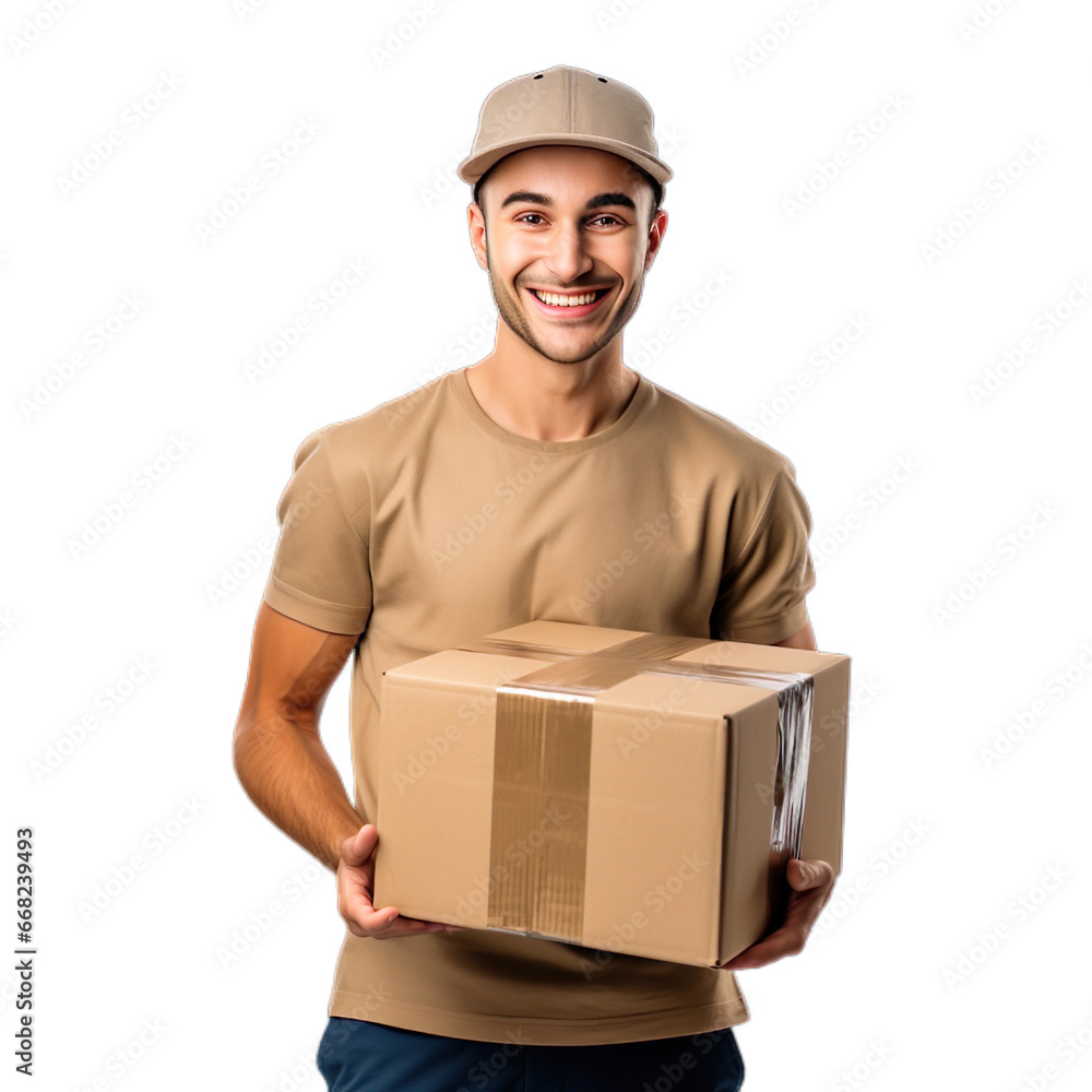 Delivery young man holding a parcel box giving happy smiley gesture on a transparent background. Delivery young man holding a parcel box giving happy smiley gesture on a transparent background.