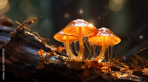 golden fluorescent mushroom growing in the forest