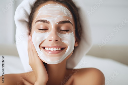 Close-up portrait of beautiful smiling girl with a towel on her head applying facial mask on her face. Spa beauty procedures applying nourishing facial clay mask. Beauty treatment and skin care. photo