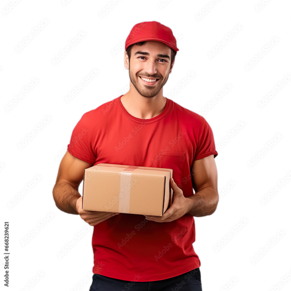 Front view delivery man holding a parcel box giving happy smiley gesture in a red t-shirt and cap on a transparent background. Front view delivery man holding a parcel box giving happy smiley gesture in a red t-shirt and cap on a transparent background.