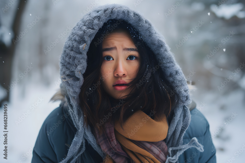 Asian woman lost in snowy winter forest at day. Neural network generated image. Not based on any actual person or scene. Asian woman lost in snowy winter forest at day. Neural network generated image. Not based on any actual person or scene.