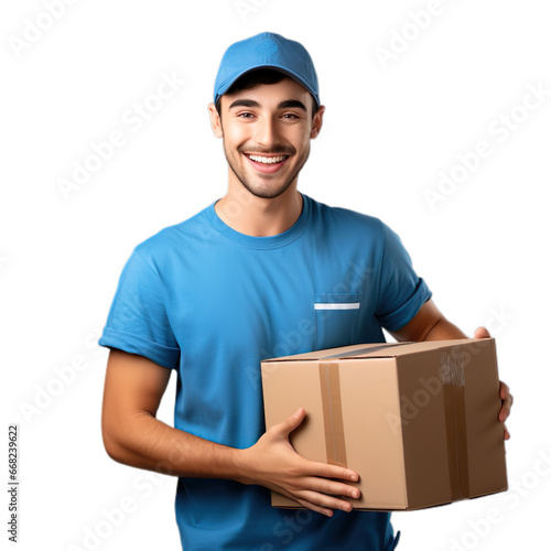 Front view delivery man holding a parcel box giving happy smiley gesture in a blue t-shirt and cap on a transparent background.